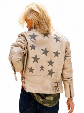 Mauritius Christy Scatter Stars Lambskin Leather Moto Jacket Lt Tan Sz 10 EUC!